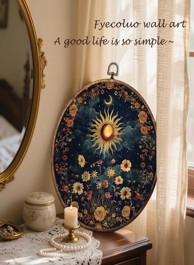 HUGANE Vintage Celestial Floral Sun Moon Round Wall Art Decor, Boho Mystical Dark Cottagecore Botanical Hanging Canvas Framed Prints Wall Sculptures for Home Bedroom Living Room Decor, 10x10 Inch - Image 4